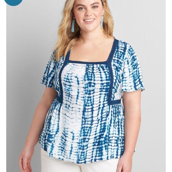 Lane Bryant Square Neck Peplum Top with Crochet Trim tie dye women’s size 28 - Picture 1 of 12